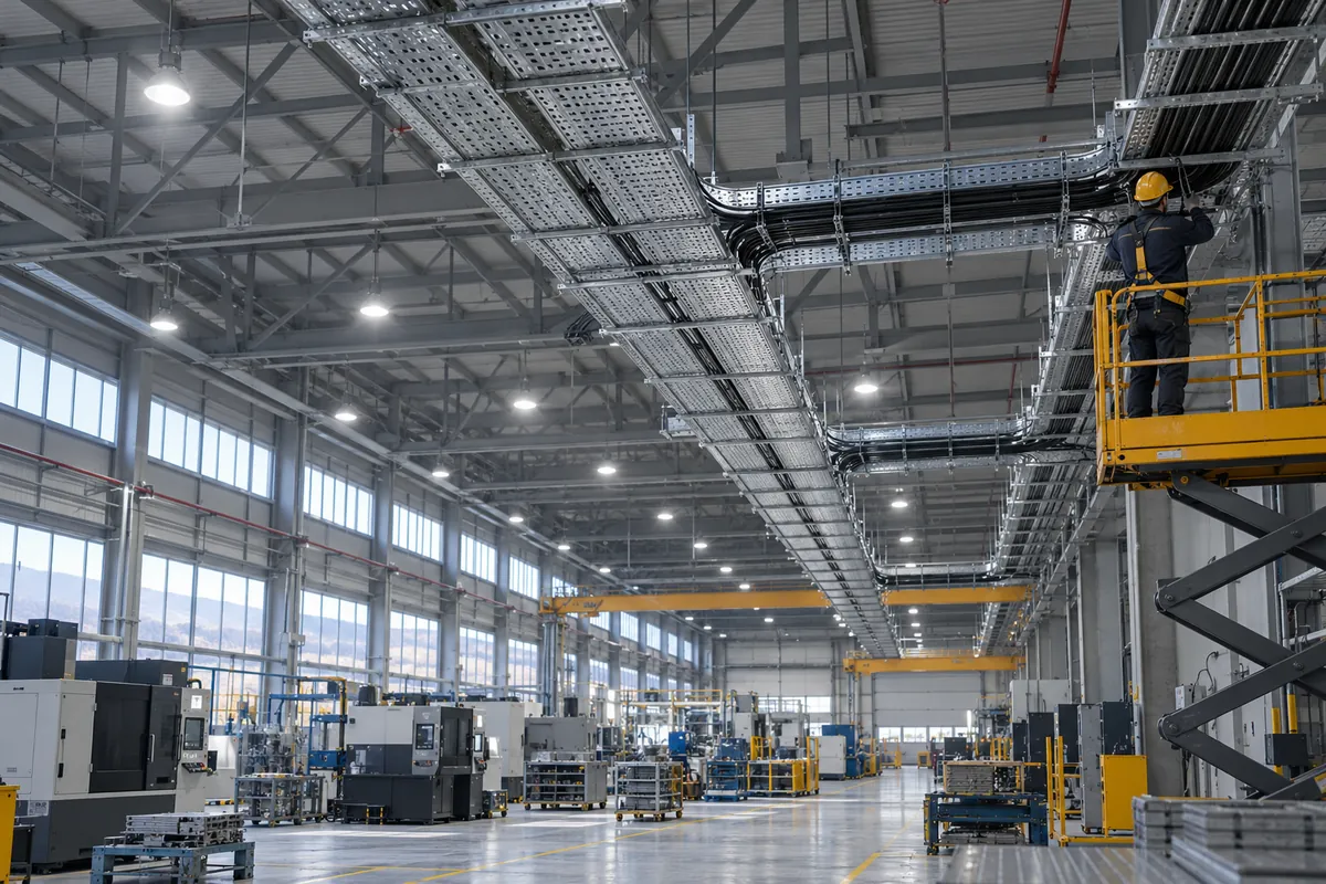 Кабельные лотки и освещение в производственном цехе